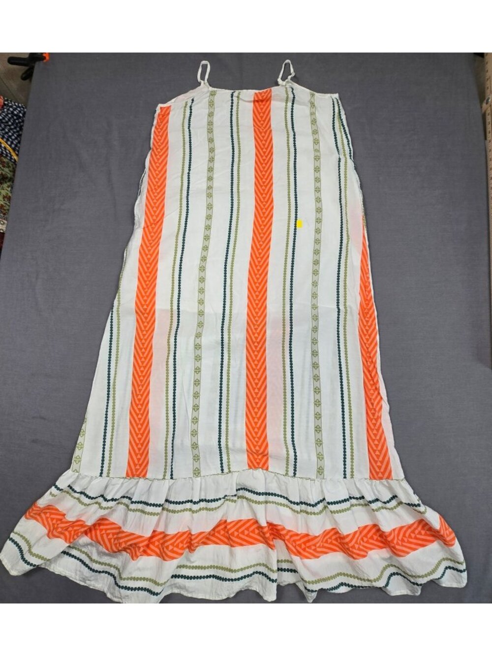 Medium Striped Sleeveless Maxi Dress Ruffle Hem Boho Beachy White Orange Green